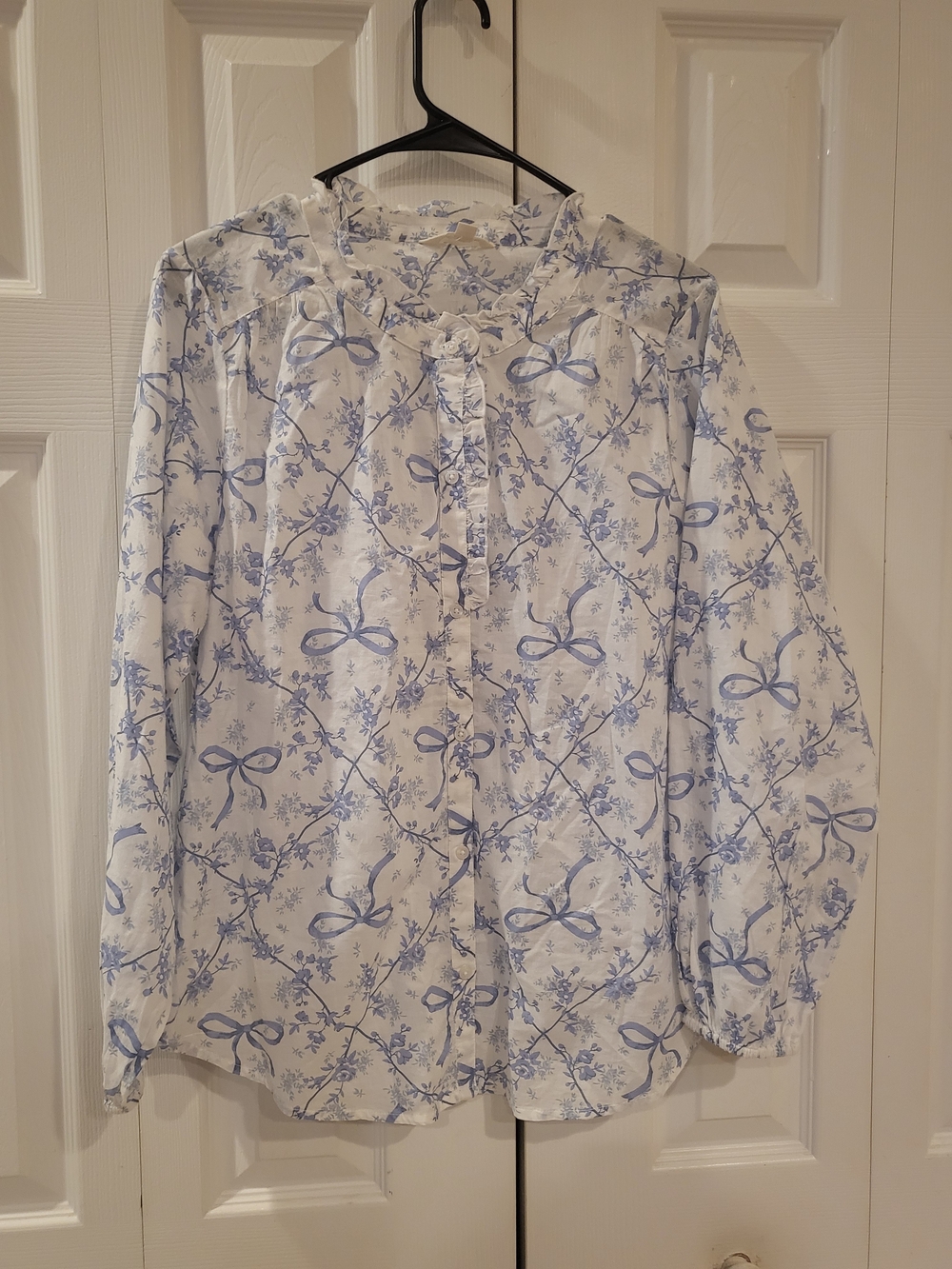 Lucky Brand White Blue Bow Floral Ruffled Peasant Blouse M Boho